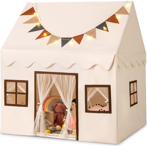 COSTWAY Kids Play Tent Toddler Playhouse Tent w/Padded Non-slip Mat Beige+Brown (1/5)
