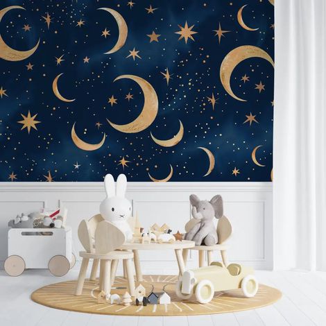 Papier peint retro lune et etoiles dorees 1 - 150 x 250 cm (1/2)