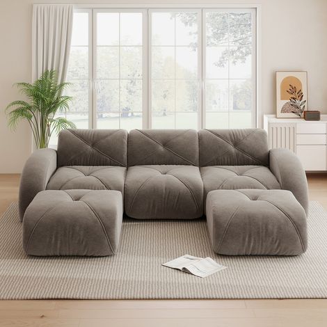 Canapé d'angle modulaire 3 places en U, 2 pouf, tissu Chenille doux, mousse 32D, Aucun assemblage requis, antidérapant, Animaux acceptés, Brun (1/5)