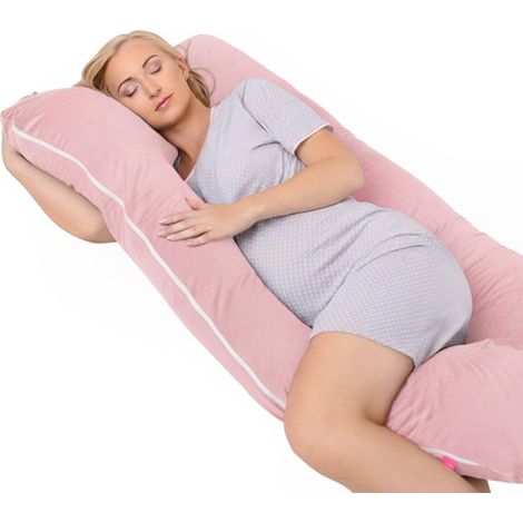 Cuscino per la gravidanza in velluto a forma di U per dormire sul fianco e allattare - Rosa (1/5)