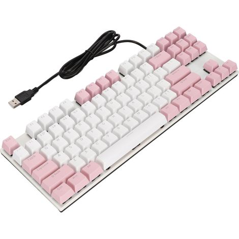 Clavier mécanique 87 touches, interrupteurs bleus, design ergonomique, rétroéclairage multicolore, clavier gaming pour joueurs et dactylographes, rose et blanc