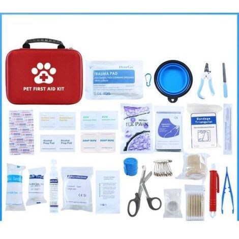 Trousse de premiers secours pour animaux de compagnie, 26 articles différents, 101 pièces, sac de rangement d'urgence pour chats et chiens, traitement des plaies (1/4)