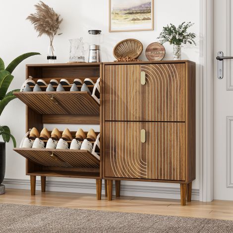 Meuble à chaussures avec 2 tiroirs basculants – Meuble à chaussures sur pied avec poignées métalliques pour l'entrée – Range-chaussures au design rainuré – 1 pièce