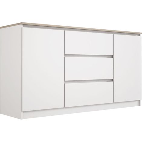 Cassettiera, Bianco / Rovere Sonoma TOP, 3 cassetti, 140 x 39 x 79 cm (1/4)