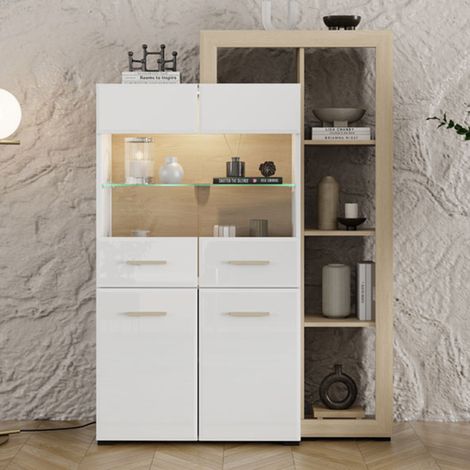 Vitrina Niel, Mueble Exhibidor 3 Estantes, 4 Puertas, con Patas, Puerta y Estante de Vidrio, 113x35x157h cm Roble Marrón (1/5)