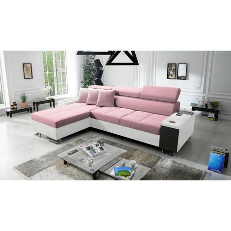 Bequemes Ecksofa mit Schlaffunktion MORENA I MAXI Kunstleder/Uttario Velvet Weiß/Rosa Links (1/5)