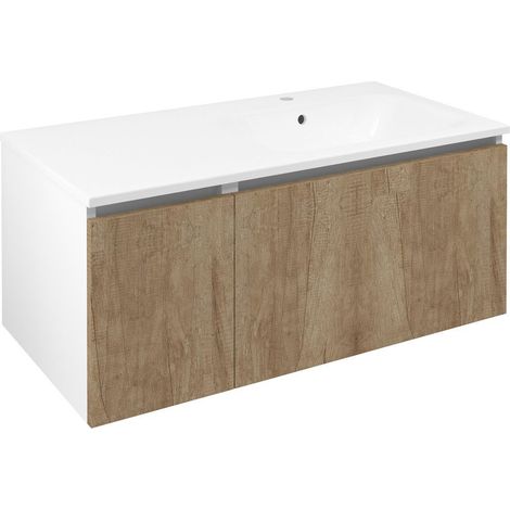 Meuble vasque LOREA 100x46x51,5cm (30+70cm), droite, chêne alabama/blanc mat (1/4)
