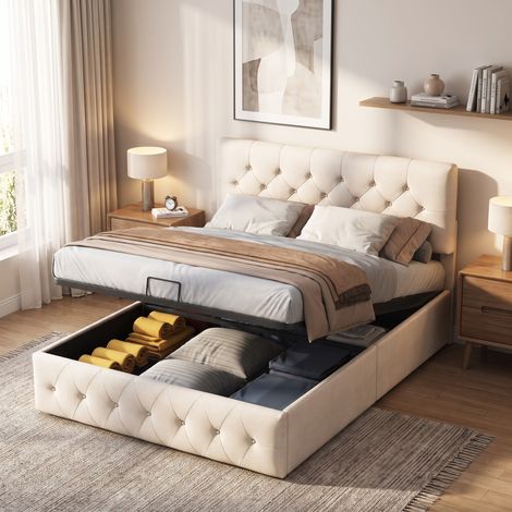 Superaly - Lit Double 160 x 200 cm avec Rangement - Mécanisme à gaz - tête de Lit Capitonnée ornée de boutons - Sommier à Lattes - Style Moderne - Velours Abricot - Montage Facile. (1/5)