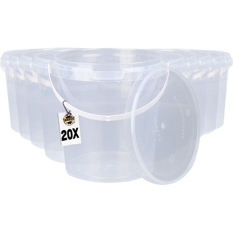 20x Seau en plastique avec couvercle, PP, rond, transparent 0,98 L