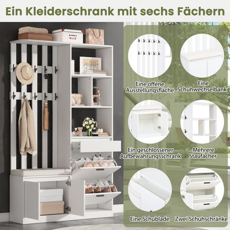 Meuble d'entrée 120x30x200 cm en panneau MDF, polyvalent avec assise capitonnée, 2 casiers pour chaussures, 1 tiroir, 2 battants et 10 crochets, capacité de charge 30 kg, couleur blanc (1/5)
