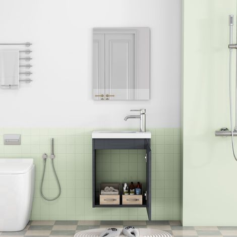 Meuble vasque mural 40cm gris brillant, lavabo céramique et miroir inclus, sans poignée, charnières amorties, gain place salle bain ou WC invités (1/5)