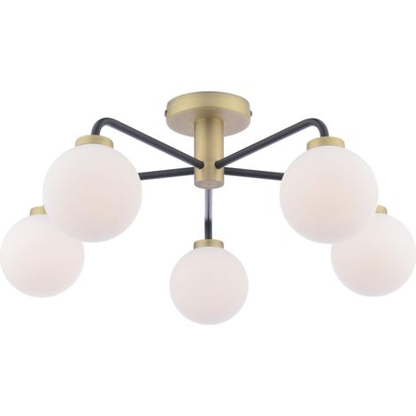 Dar Lainey Plafonnier semi-encastré Lainey à 5 lumières, noir mat et laiton antique, avec verre opale. (1/3)
