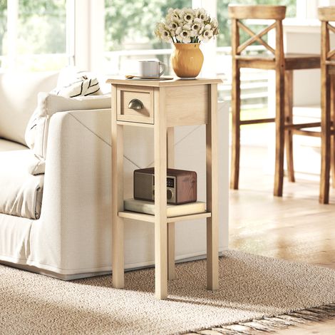Mesa Auxiliar Rústica Mesa Auxiliar para Sofá con Cajón y Estante para Salón Dormitorio 30x30x75 cm Madera Natural (1/5)