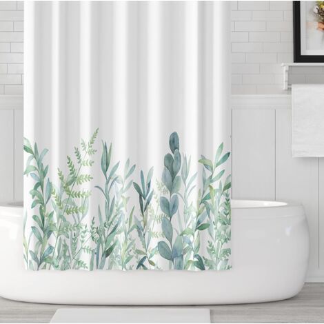 QORVA-120 x 180 cm Rideau de douche en textile avec motif feuilles vertes et fleurs - Avec effet anti-moisissure - Lavable - Avec anneaux en C