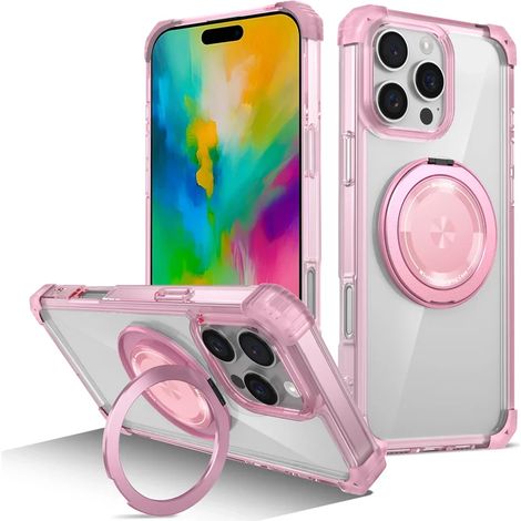 (Rose, iPhone 13) Étui de téléphone à chargement magnétique sans fil avec support rotatif transparent et invisible (1/5)
