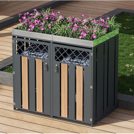 Cache-poubelles avec bac à plantes, 2 compartiments, acier galvanisé gris et bois HAVRYA (1/5)