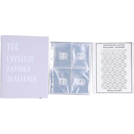 Classeur de budget réutilisable A5 avec 100 enveloppes transparentes pour le défi des économies (25 feuilles). (1/4)