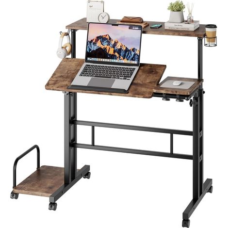 Dripex Table Informatique Bureau d'Ordinateur Portable Hauteur Réglable avec roulettes et Plateau Inclinable 80 x 60 cm Table d'appoint pour la Maison et Le Bureau, Marron Vintage (1/5)