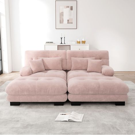 Divano modulare in ciniglia rosa con 2 pouf abbinati e cuscini, configurazione ad angolo o a U (1/5)