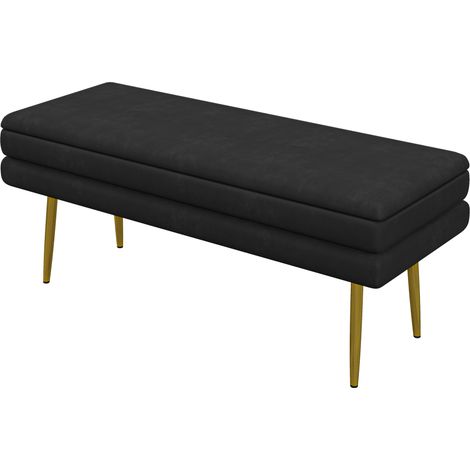 Banc coffre 2 en 1 avec rangement velours noir et pieds dorés acier 100 x 37,5 x 42 cm