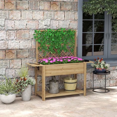 Jardinière rectangulaire sur pieds avec treillis 2 tablettes latérales rabattables 1 étagère inférieure bois
