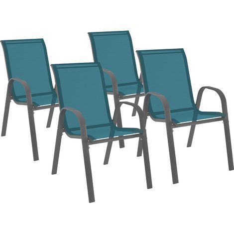 Idmarket – Lot de 4 chaises de jardin empilables en acier et textilène bleu canard – Confortables avec accoudoirs – Dimensions 51,5x68x84cm