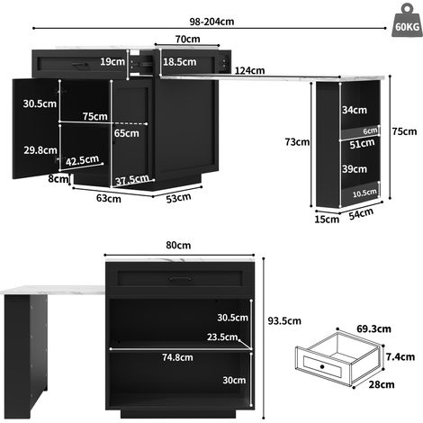 Table extensible avec rangement (98-204×70×93,5cm), 2 tiroirs et 2 compartiments, îlot de cuisine pour 2-6 personnes, chariot de cuisine avec étagères latérales, noir (1/5)