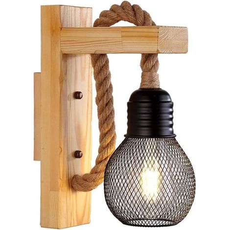 Vintage-Industrie-Wandleuchte, rustikale Holzwandlampe, Lampenschirm aus schwarzem Metallkäfig, Hängewandlampe aus Hanfseil für Schlafzimmer, Wohnzimmer (ohne