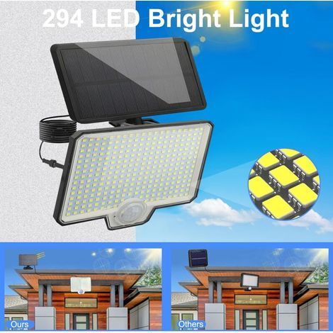 Lampes solaires d'extérieur à 294 LED avec détecteur de mouvement, 4 modes, IP65, 6000-6500K, applique murale solaire pour jardin, garage, (1/4)