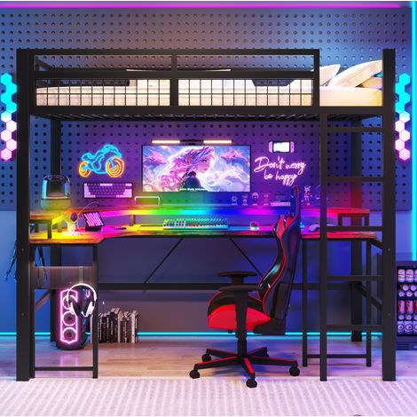 Lit mezzanine moderne en métal noir 90x200 cm avec bureau, LED multicolore, USB, Type-C et prises (1/5)