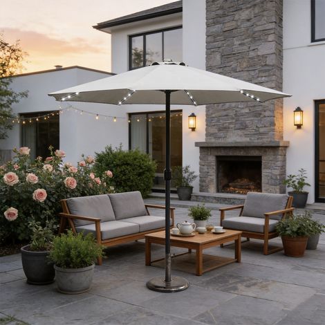 Abrihome Patio Umbrella with LED Lights & Double Vent – Coated Waterproof Fabric, Crank Handle, Ideal for Garden & Poolside, Beige (1/5)