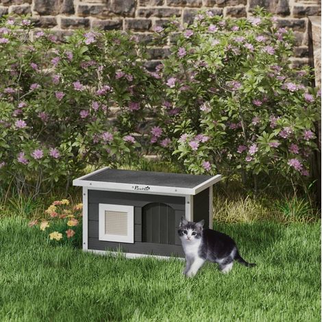 CHICFURN Maison pour chat en bois grise 61 x 45 x 36,5 cm avec tapis griffoir (1/5)