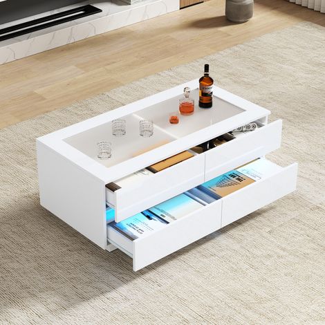 Table basse LED 4 tiroirs avec plateau en verre trempé, 100 x 50 x 40 cm, panneau de particules et verre, blanc (1/5)