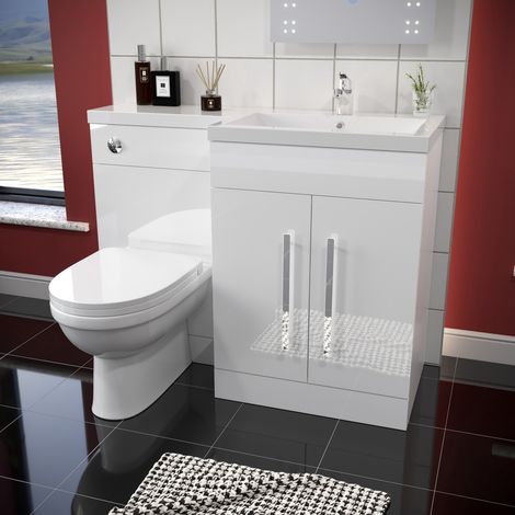 ELEGANT 1100mm L Shape Bathroom Vanity Sink Unit Furniture Storage,High Gloss White Vanity Unit with Concealed Cistern + Basin with Ceramic D shaped Toilet Right Hand