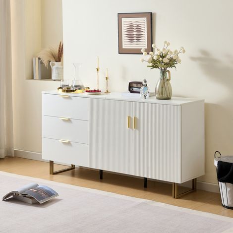 Buffet moderne 160x40x81,5 cm, 2 portes et 3 tiroirs, blanc, MDF et pieds en acier, FloraGrace (1/5)