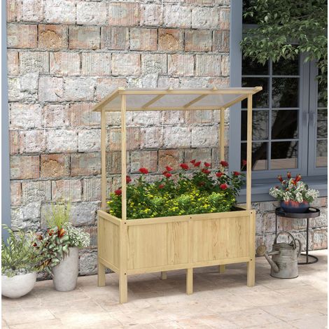 Fioriera rialzata 110x60x152 cm legno naturale in legno con tetto in policarbonato (1/5)