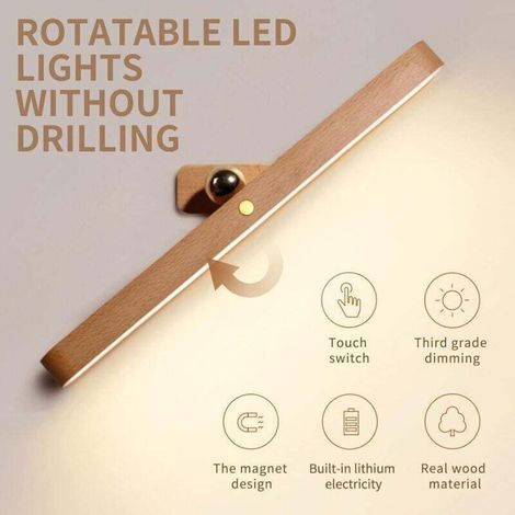 Applique murale LED pour miroir de salle de bain, 30 cm, en bois, design magnétique, intensité variable 4 000 K, lampe de maquillage rechargeable avec interrupteur tactile. (1/5)