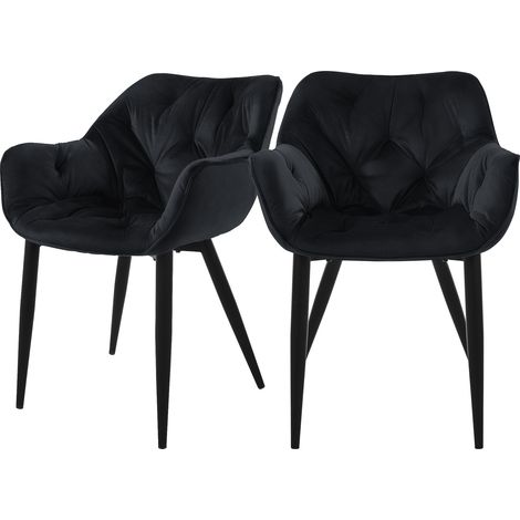ML-Design Esszimmerstühle 2er Set Schwarz, Küchenstuhl mit dickem Samtstoff gepolsterter Sitz, Metallbeinen, Wohnzimmerstuhl mit Rücken- und Armlehnen, Gesteppter Polsterstuhl, Ergonomischer Sessel