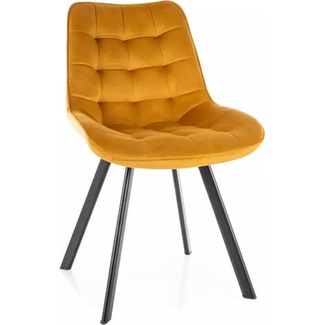 Chaise jaune curry pivotante en velours assise capitonnée pied noir mat style chaleureux MONTAJ (1/5)