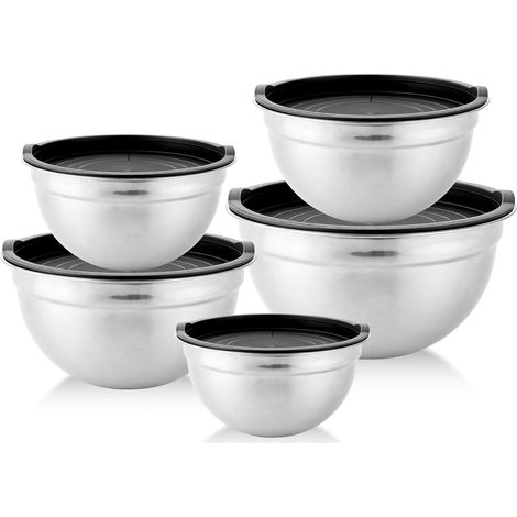 Lot de 5 Bols Mélangeurs, Acier Inoxydable, Couvercle Hermétique, Empilables, Lavables Lave-Vaisselle, Cuisine Pâtisserie