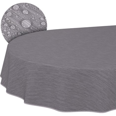 Nappe de Table en Toile cirée - Aspect Lin - Facile d'entretien - Imperméable - 160 x 140 cm (Ovale) - Gris avec Ourlet (1/5)