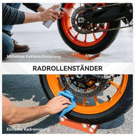 Support de nettoyage moto orange, pivotant pour roue, capacité 220 kg, largeur pneu 180 mm (1/5)