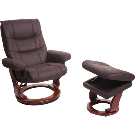 [NEUWERTIG] MCA Relaxsessel HHG-128, Fernsehsessel TV-Sessel Hocker, Stoff schwarz-braun Wildleder-Imitat, Gestell Walnuss-Optik