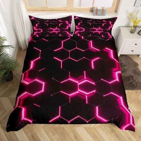 Housse De Couette - 200x200 cm - Imprimé Hexagonal Nid D Abeille - Rose Et Noir - Parure Lit Avec 2 Taies D Oreiller 65x65 cm (1/5)