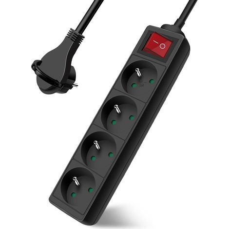 Power Strip with 4 Outlets, 3m Cable, Flat Plug, Child Safety, Black (1/5)
