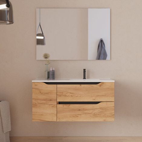 Meuble de salle de bain 100cm avec vasque déportée à droite et miroir - 2 tiroirs et un placard - roble (chêne clair) - ZARZA