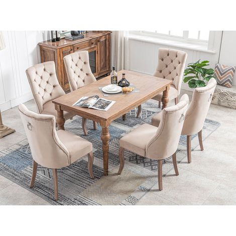 Set de 6 sillas de comedor de terciopelo beige con respaldo alto, botones decorativos, patas de madera de caucho y diseño moderno, soportan 150 kg CHICFURN (1/5)