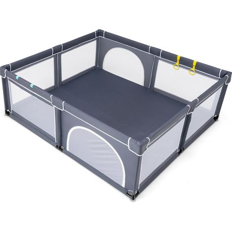 Parc bébé gris foncé en tissu Oxford avec filet, porte zippée et 50 balles colorées, pliable pour maison, jardin et voyage (1/5)