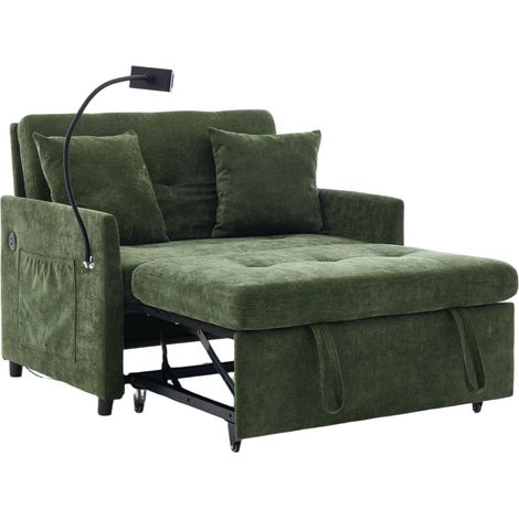 Sofá Cama Convertible en Tela Lino Cepillado, con Puerto USB y Soporte para Tableta, Estructura de Metal y Madera, Verde (1/5)