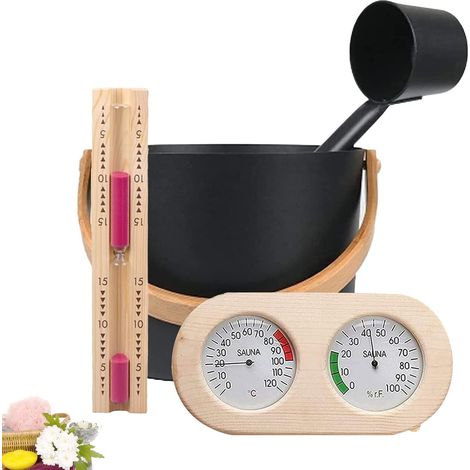 4PCS 7L Seau Pour Sauna, Set Complet Pour Sauna Seau Avec Louche En Bois Pin Finlandais Accessoires Pour Sauna Seau Pour Infusion (Seau Pour Sauna+Louche+Thermomètre Hygromètre+Sablier) (1/5)